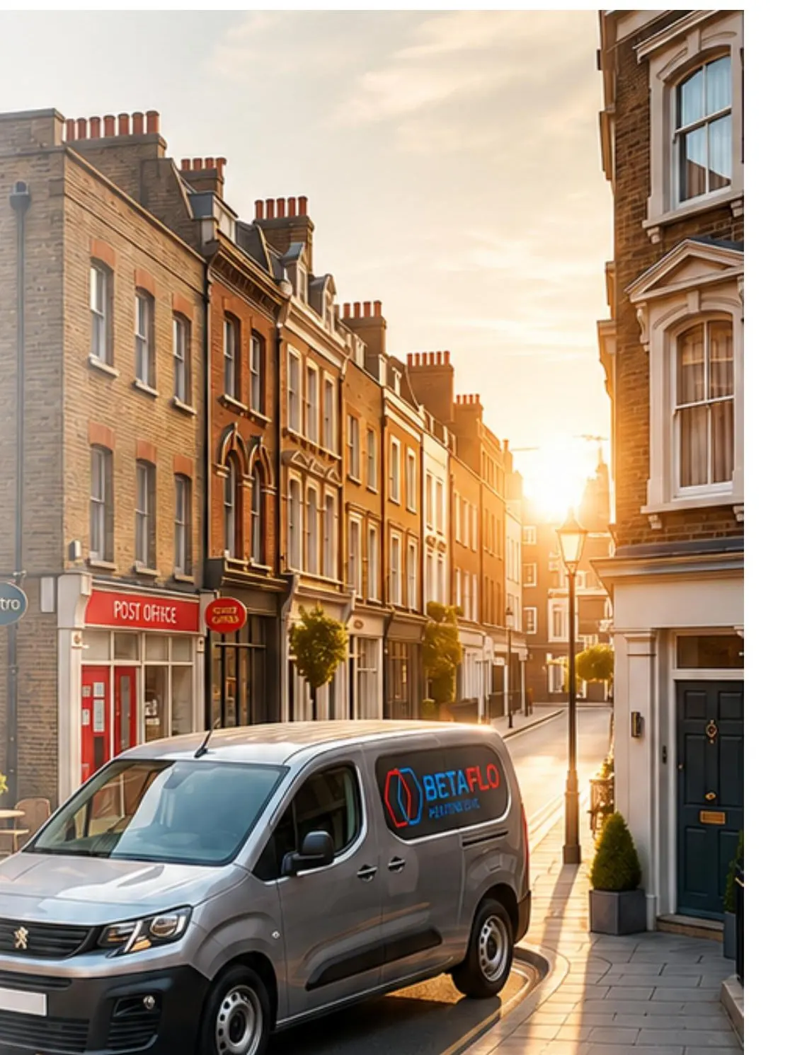 Betaflo Heating UK van parked outside managed rental properties on a UK high street